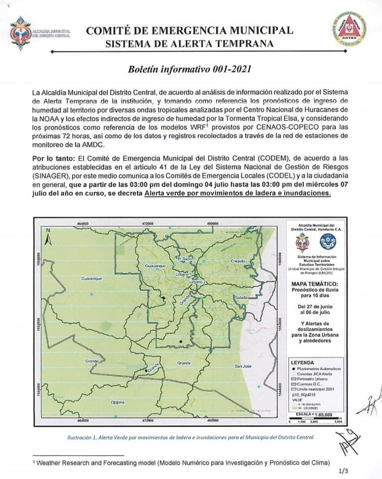 Imagen Principal de Nota: Alerta verde por 72 horas en la capital de Honduras
