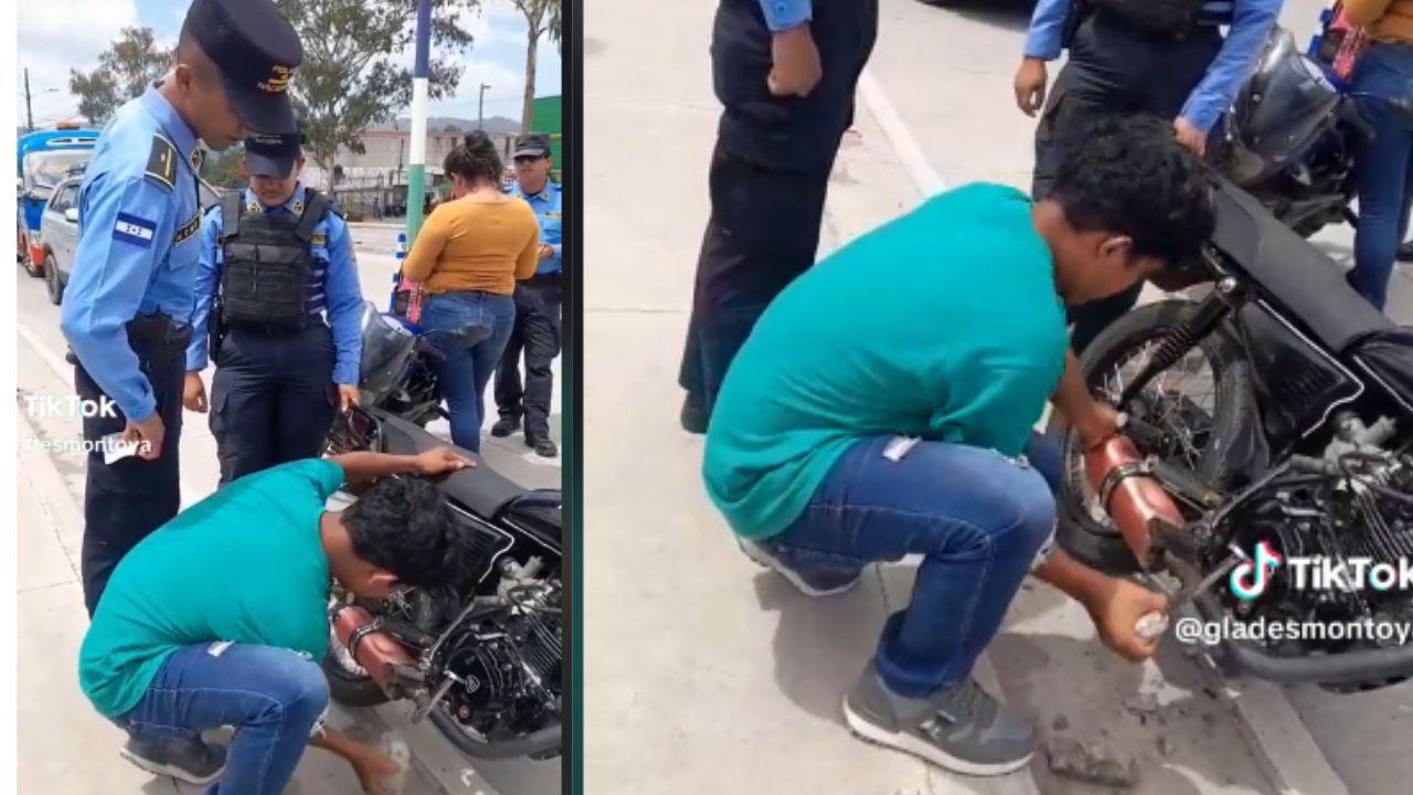 Imagen Principal de Nota: Hondureño se viraliza en TikTok  al ser obligado en operativo a quitar silenciador del escape a su motocicleta