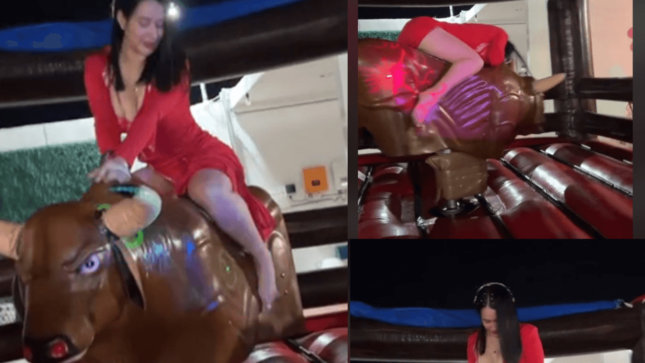 Imagen Principal de Nota: Mujer sube a un toro mecánico usando vestido y paraliza internet