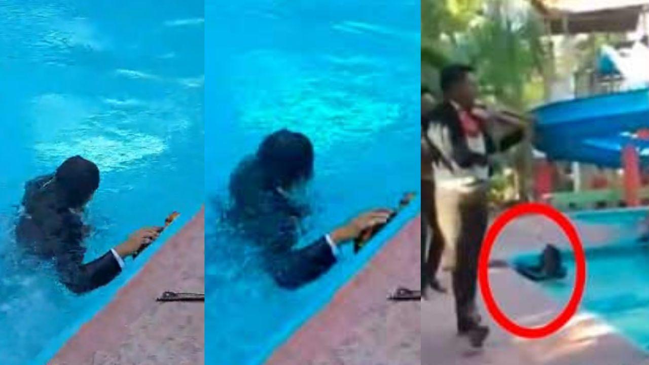 Imagen Principal de Nota: ¡Un chapuzón inesperado! Mariachi cae en piscina durante serenata